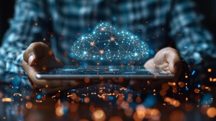 Close up of businessman hands holding tablet with abstract digital cloud circuit on blue background. Cloud computing, server and integrated digital web concept
