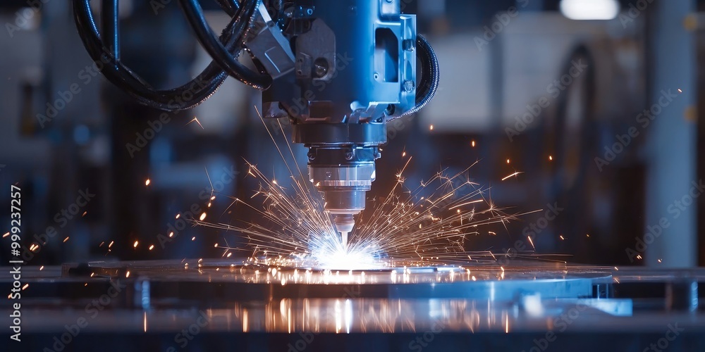 Poster a robotic welding system, with sparks flying as the robot performs perfect welds, ensuring high-qual