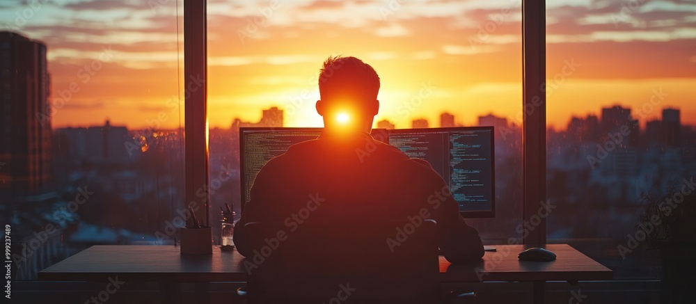 Aufkleber silhouette of a person working on a computer in front of a window with a sunset view of the city.
