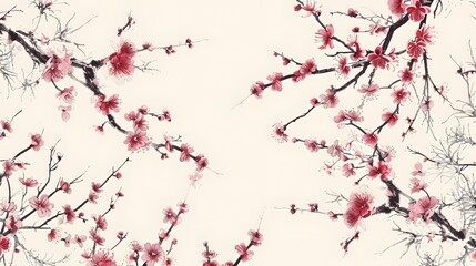 A vibrant illustration of pink cherry blossoms in full bloom during spring, set against a background of delicate branches and leaves, capturing the beauty of nature and the essence of Japanese sakura