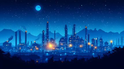 Industrial Skyline with Night Sky and Mountains