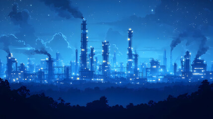 Nighttime Industrial Complex with Silhouetted Trees