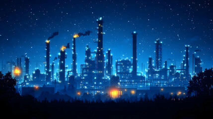 Industrial Complex Glowing Under Night Sky