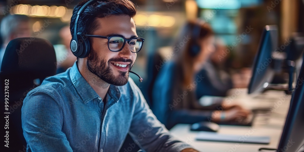 Fototapete A dedicated customer support team assisting clients with queries using digital tools and personalized service in a modern office.
