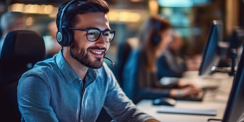 Obraz premium A dedicated customer support team assisting clients with queries using digital tools and personalized service in a modern office.