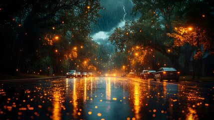 Obraz premium Rainy Night Cityscape with Streetlights and Cars