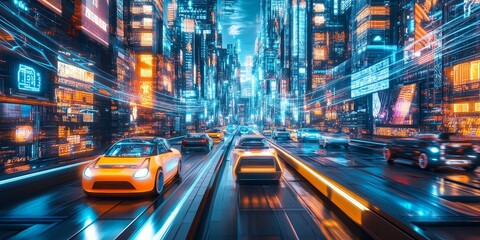 High-tech urban streetscape with neon signs, automated vehicles, and advanced tech infrastructure under a vibrant, futuristic sky.