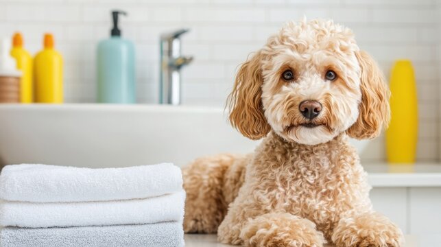 Cute Dog Waiting for Grooming Session in Bathroom