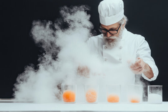 Molecular gastronomy chef using liquid nitrogen to create a frozen dessert, molecular cooking, science of taste