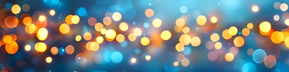 Fototapeta premium Christmas garland bokeh lights over blue background. Minimalist holiday illumination