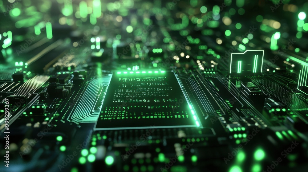 Poster neon green data streaming through a motherboard circuit, evoking the matrix design and digital techn