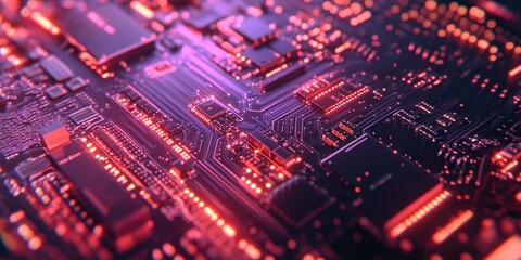 Obraz premium Macro shot of an AI chip processing data, with intricate circuits executing algorithms, demonstrating the core of digital intelligence.