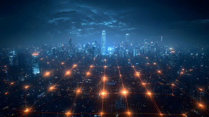 Obraz premium Cityscape at Night with Connected Network