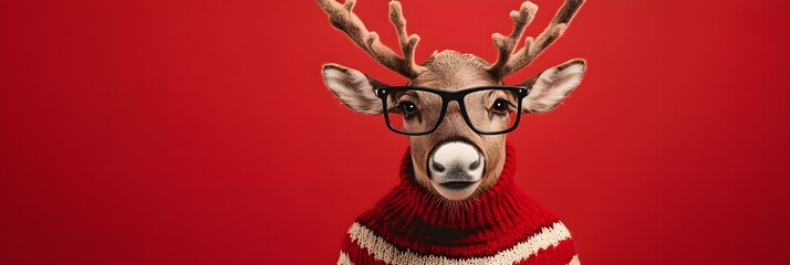 reindeer with glasses on red background in christmas costume