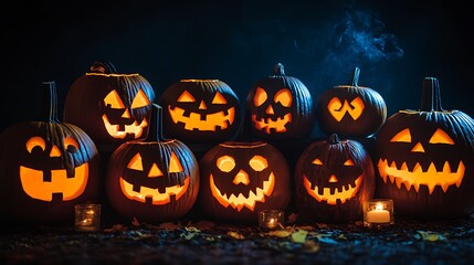 Evil Jack-o-lantern with carved pumpkin face on a dark table, a spooky symbol of Halloween