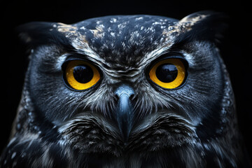 Obraz premium Close-up of a majestic owl with piercing yellow eyes against a dark background.