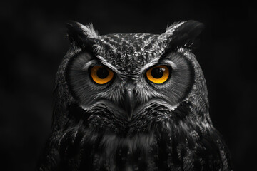 Obraz premium Close-up of a majestic owl with piercing yellow eyes in a dark and moody setting.