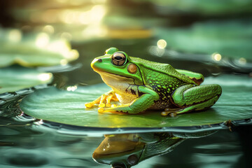 Obraz premium A vibrant green frog perched on a lily pad, reflecting in calm water, showcasing nature's beauty and tranquility.