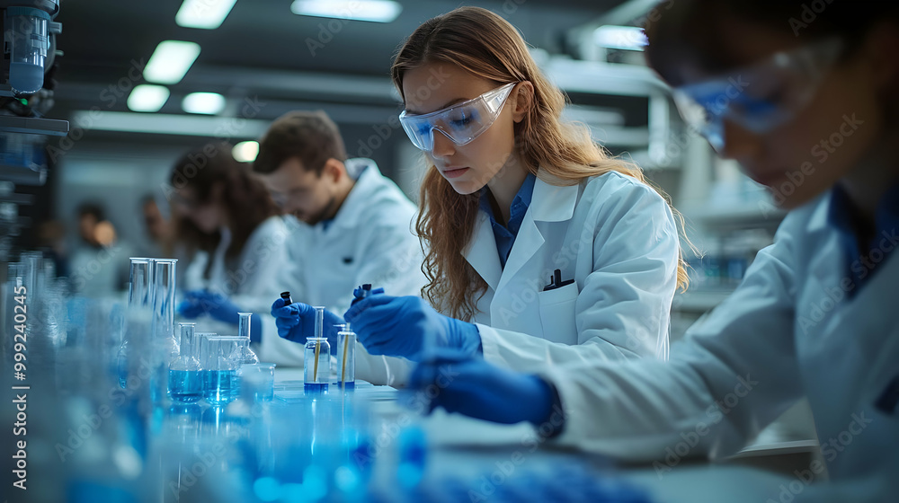 Poster scientists conduct experiments in a lab with test tubes and beaker