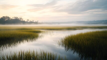 Fototapeta premium Misty rice paddy in the early morning with a thick layer of dew covering the plants and the distant horizon shrouded in fog creating a serene and tranquil scene isolated on a calm natural background