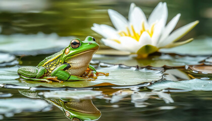 A vibrant green frog rests on lily pads, with a beautiful white water lily in the background, reflecting in the serene water.