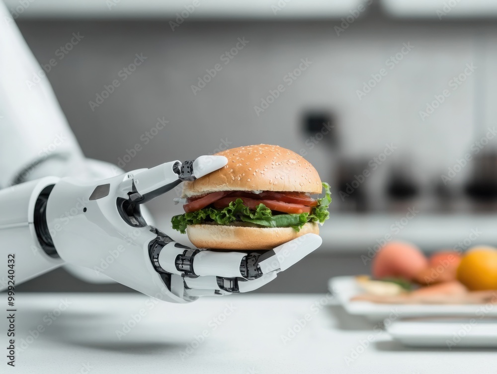 Poster robot arm assembling food item close-up