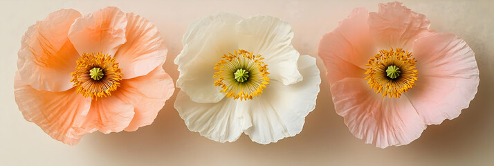 Three Delicate Poppy Flowers with White and Peach Petals on a Tan Background