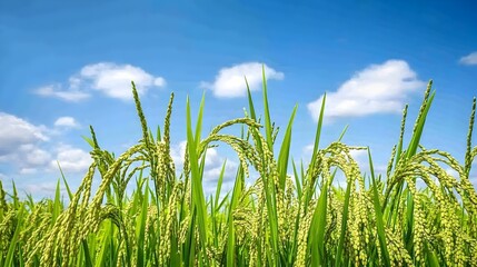 Lush and thriving rice plant shoots with their vibrant green stalks and the first signs of ripening grains set against a bright blue sky in a peaceful expansive countryside field