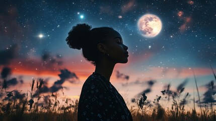 Night sky constellations shining bright over a summer field, with a black model bathed in the glow of moonlight and planets