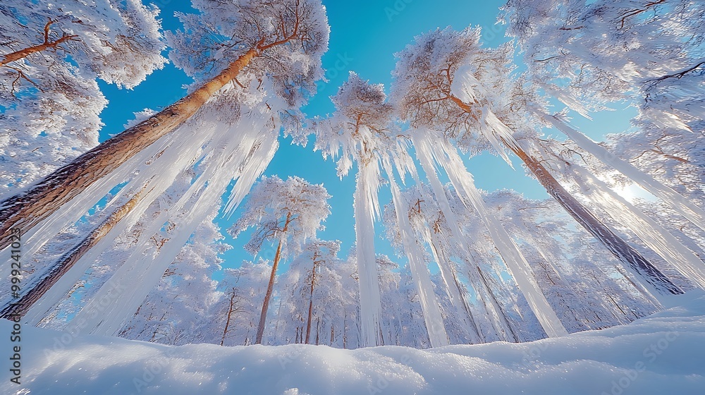 Poster a low-angle view of a snow-covered forest with tall pine trees and icicles hanging from their branch