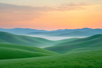 A serene landscape of rolling green hills under a soft sunrise, creating a tranquil and picturesque scene.