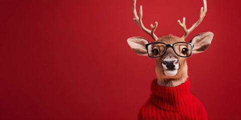 reindeer with glasses on red background in christmas costume
