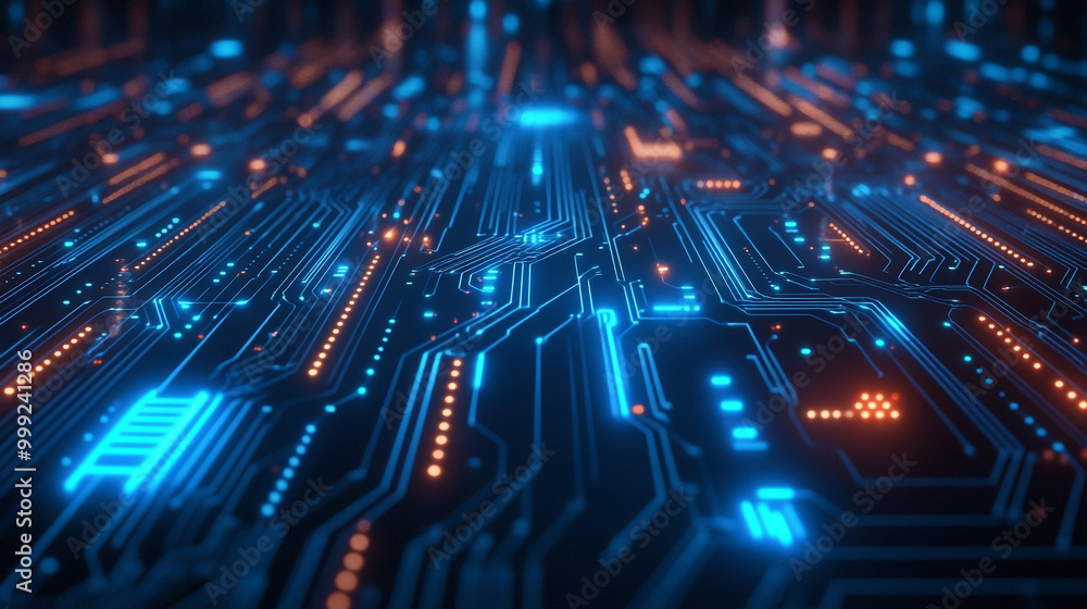Aufkleber futuristic circuit board with glowing neon lights. abstract view of a high-tech circuit board with g