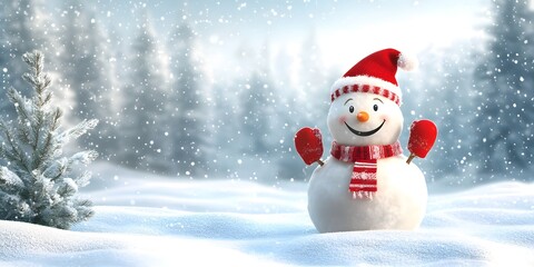 Obraz premium Realistic snowman smiling standing in snow near spruce trees. Cute new year, christmas holiday character smiling in red mittens scarf and hat