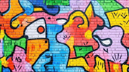 Obraz premium Pop art graffiti on a brick wall, full of bright colors and bold shapes, representing a lively urban street culture