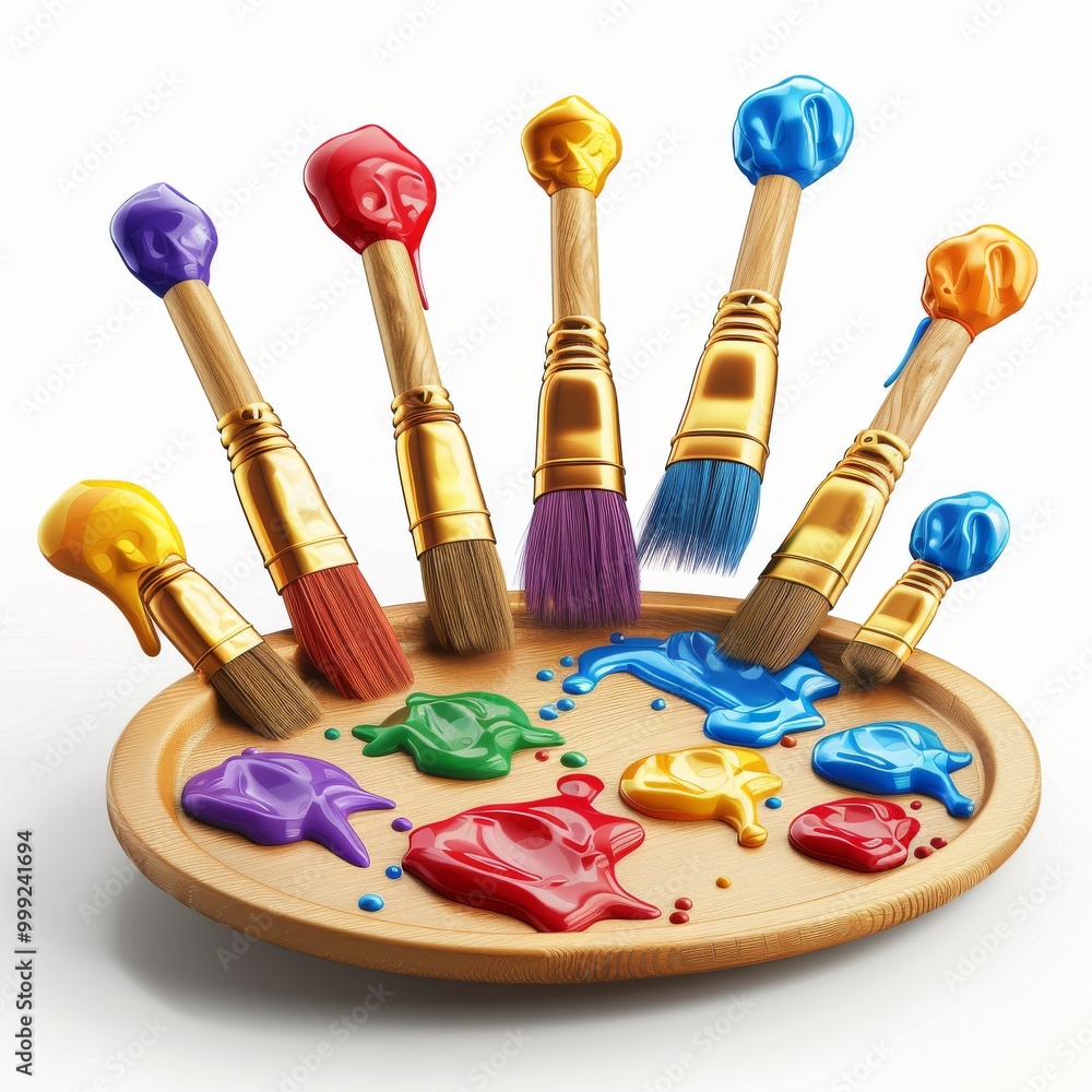 Poster cartoon 3d paintbrushes and palette with various paint blobs isolated white background