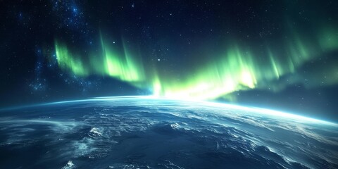 Fototapeta premium the Northern Lights from space, with bright auroras illuminating Earths atmosphere.