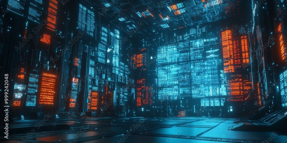 Poster A futuristic AI system in a cyberpunk environment, showcasing glowing neural networks, advanced data processing, and a vibrant high-tech aesthetic.