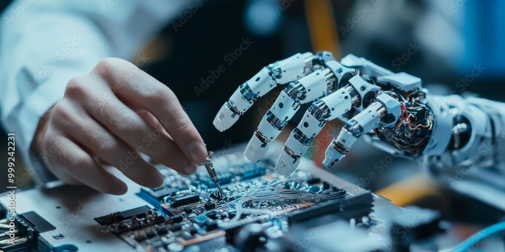 Poster a robotics engineer calibrating sensors on a prototype, intricate circuitry and advanced components in focus, showing the precision of robotic engineering.