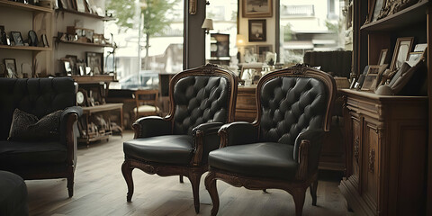 Two Vintage Black Leather Armchairs Sit in a Room with Antique Wooden Furniture and Shelving Filled with Objects