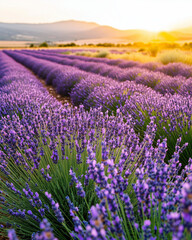Naklejka premium Sunrise Over Picturesque Lavender Field Rows