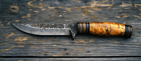 A sharp hunting knife with a wooden handle lies on a worn wooden table.