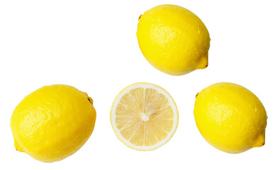 Top view set of three fresh ripe yellow lemon fruits with half or slice isolated on white background