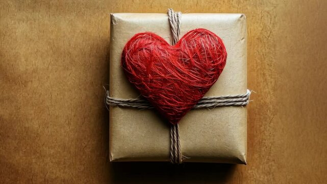 A brown gift box tied with twine and decorated with a red heart sits on a wood surface