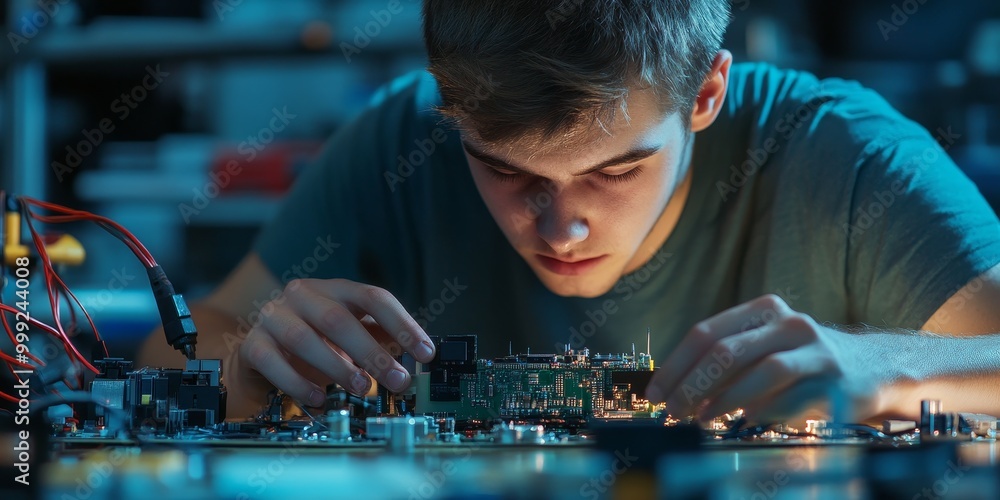 Aufkleber a robotics engineer calibrating sensors on a prototype, intricate circuitry and advanced components in focus, showing the precision of robotic engineering.