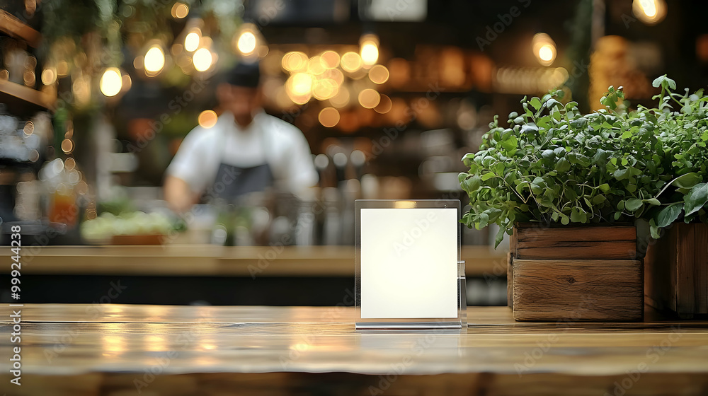 Canvas Prints Blank Sign on Wooden Table, Cafe Setting