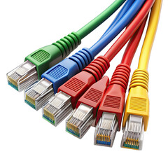 A collection of ethernet cables in vibrant colors including red blue green yellow and more placed against a clean white background for a striking visual