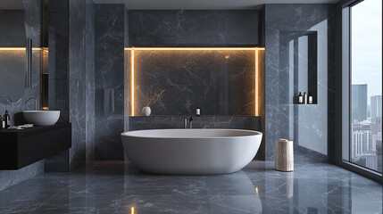 Luxurious Modern Bathroom with Freestanding Bathtub and City View. Elegant modern bathroom featuring a freestanding bathtub, stylish dark marble, and large windows offering a stunning city view. 