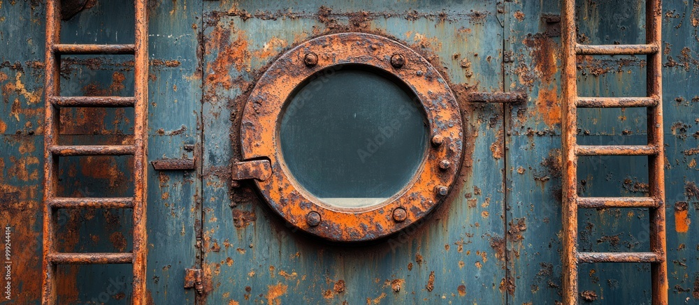Poster rusty metal door with a round window and two ladders on either side.