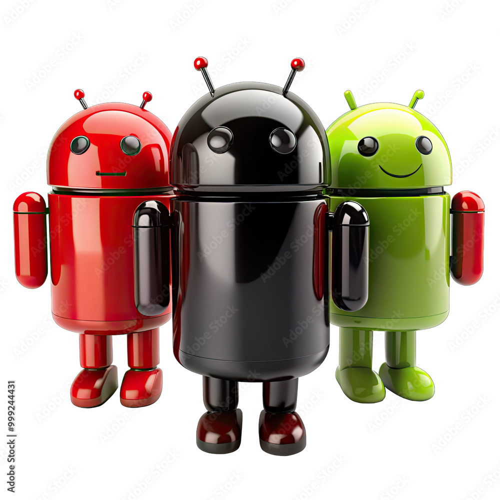 Poster three adorable android characters in bright colors stand together showcasing their playful designs a